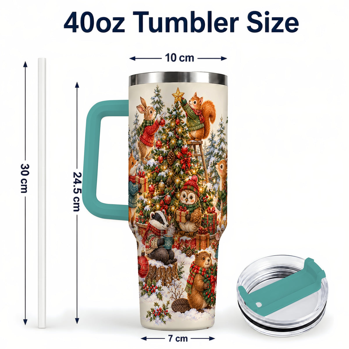 #pl[40oz|Green] Woodland Christmas 40oz Tumbler with Handle, Forest Animal Travel Cup