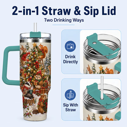 #pl[40oz|Green] Woodland Christmas 40oz Tumbler with Handle, Forest Animal Travel Cup