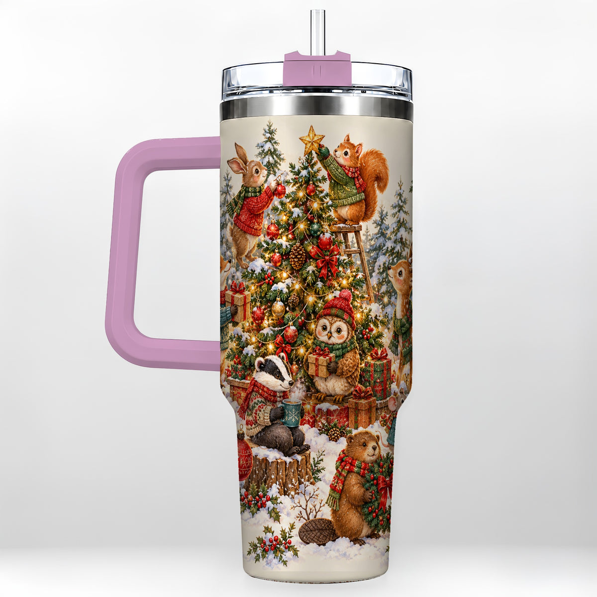 #pl[40oz|Pink] Woodland Christmas 40oz Tumbler with Handle, Forest Animal Travel Cup