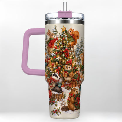 #pl[40oz|Pink] Woodland Christmas 40oz Tumbler with Handle, Forest Animal Travel Cup