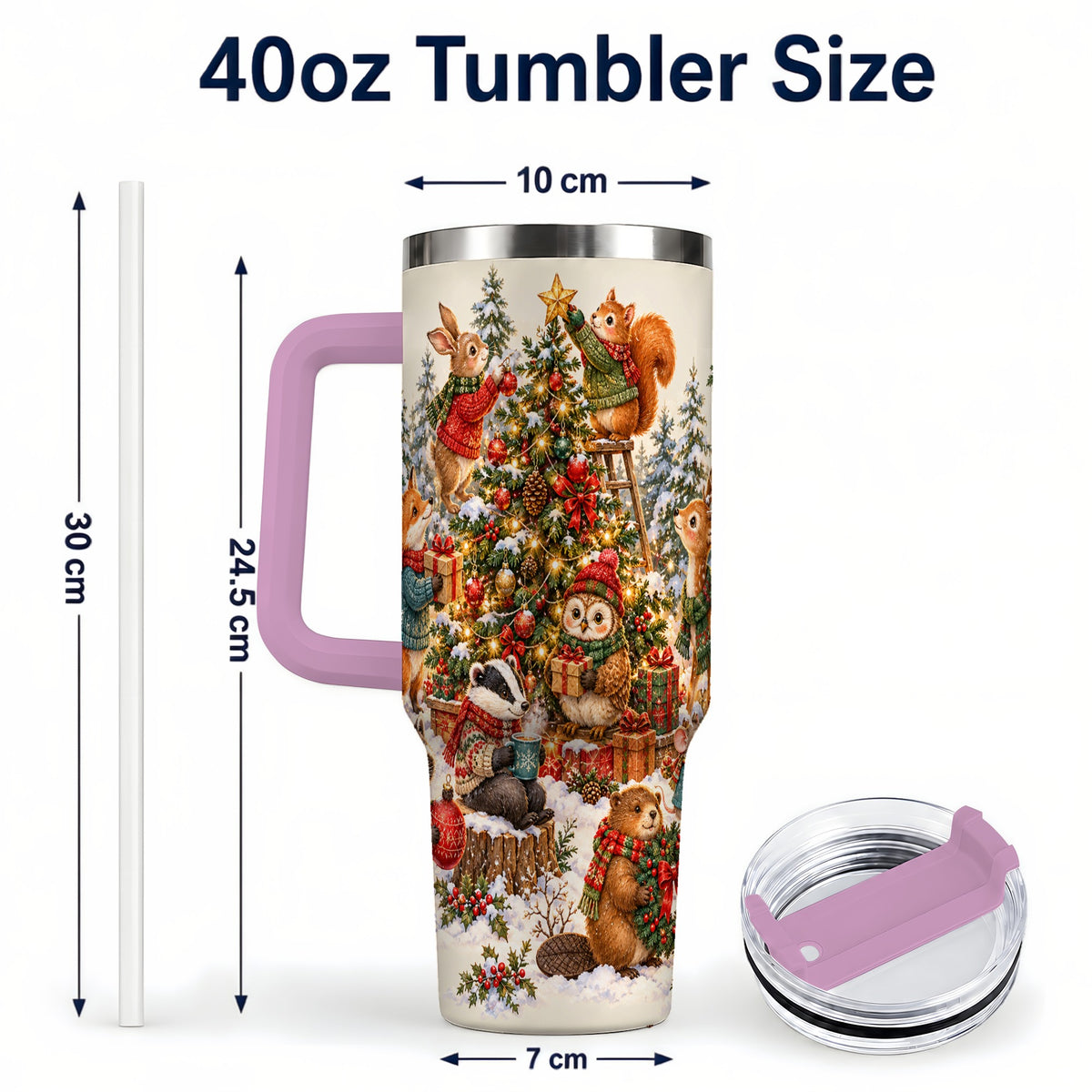 #pl[40oz|Pink] Woodland Christmas 40oz Tumbler with Handle, Forest Animal Travel Cup