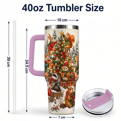 #pl[40oz|Pink] Woodland Christmas 40oz Tumbler with Handle, Forest Animal Travel Cup