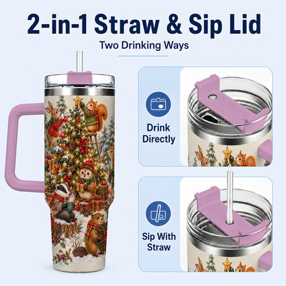 #pl[40oz|Pink] Woodland Christmas 40oz Tumbler with Handle, Forest Animal Travel Cup