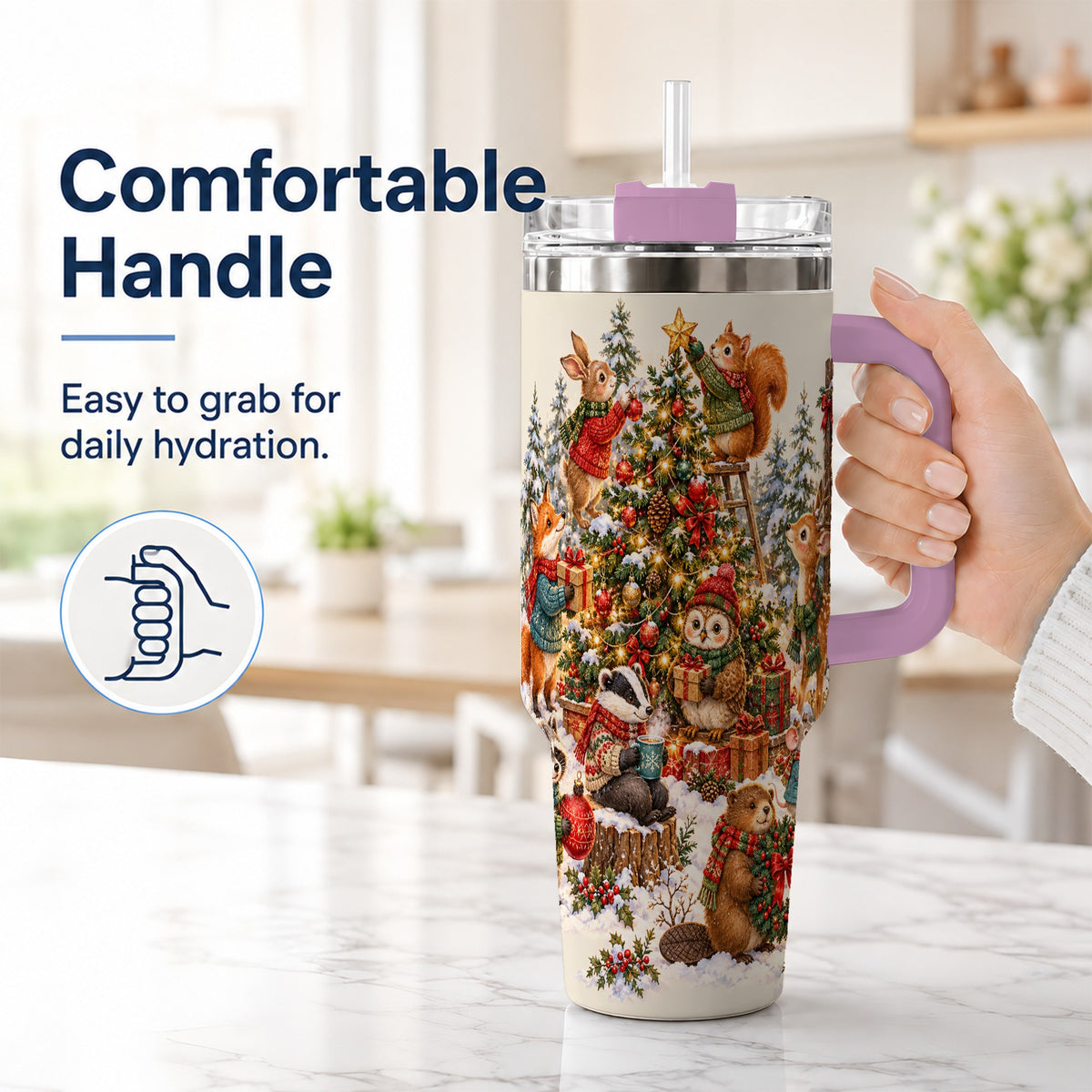 #pl[40oz|Pink] Woodland Christmas 40oz Tumbler with Handle, Forest Animal Travel Cup