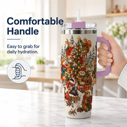 #pl[40oz|Pink] Woodland Christmas 40oz Tumbler with Handle, Forest Animal Travel Cup