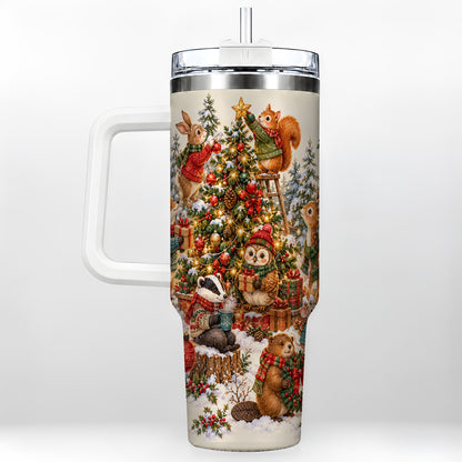 Woodland Christmas 40oz Tumbler with Handle, Forest Animal Travel Cup
