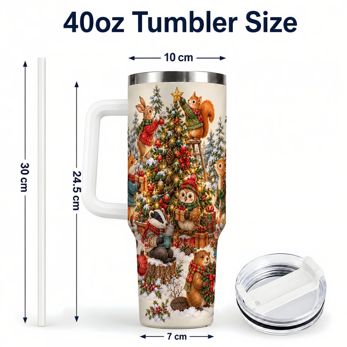 #pl[40oz|White] Woodland Christmas 40oz Tumbler with Handle, Forest Animal Travel Cup