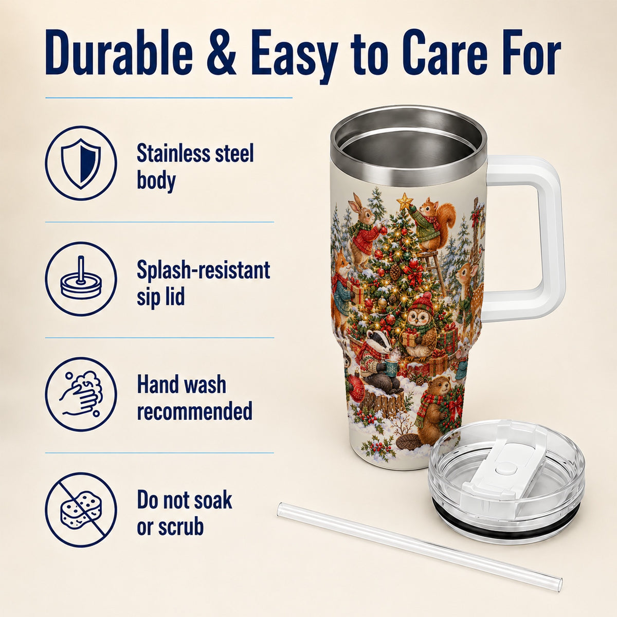 Woodland Christmas 40oz Tumbler with Handle, Forest Animal Travel Cup