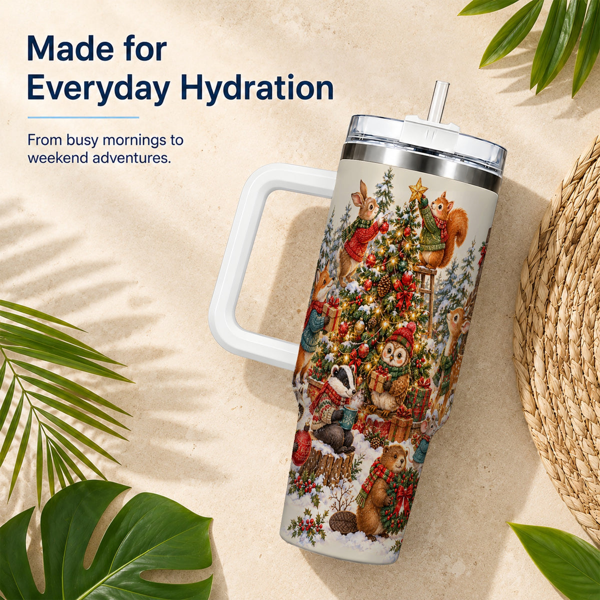 Woodland Christmas 40oz Tumbler with Handle, Forest Animal Travel Cup