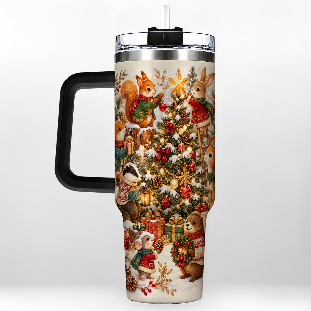 #pl[40oz|Black] Woodland Tree 40oz Tumbler with Handle, Christmas Animal Travel Cup