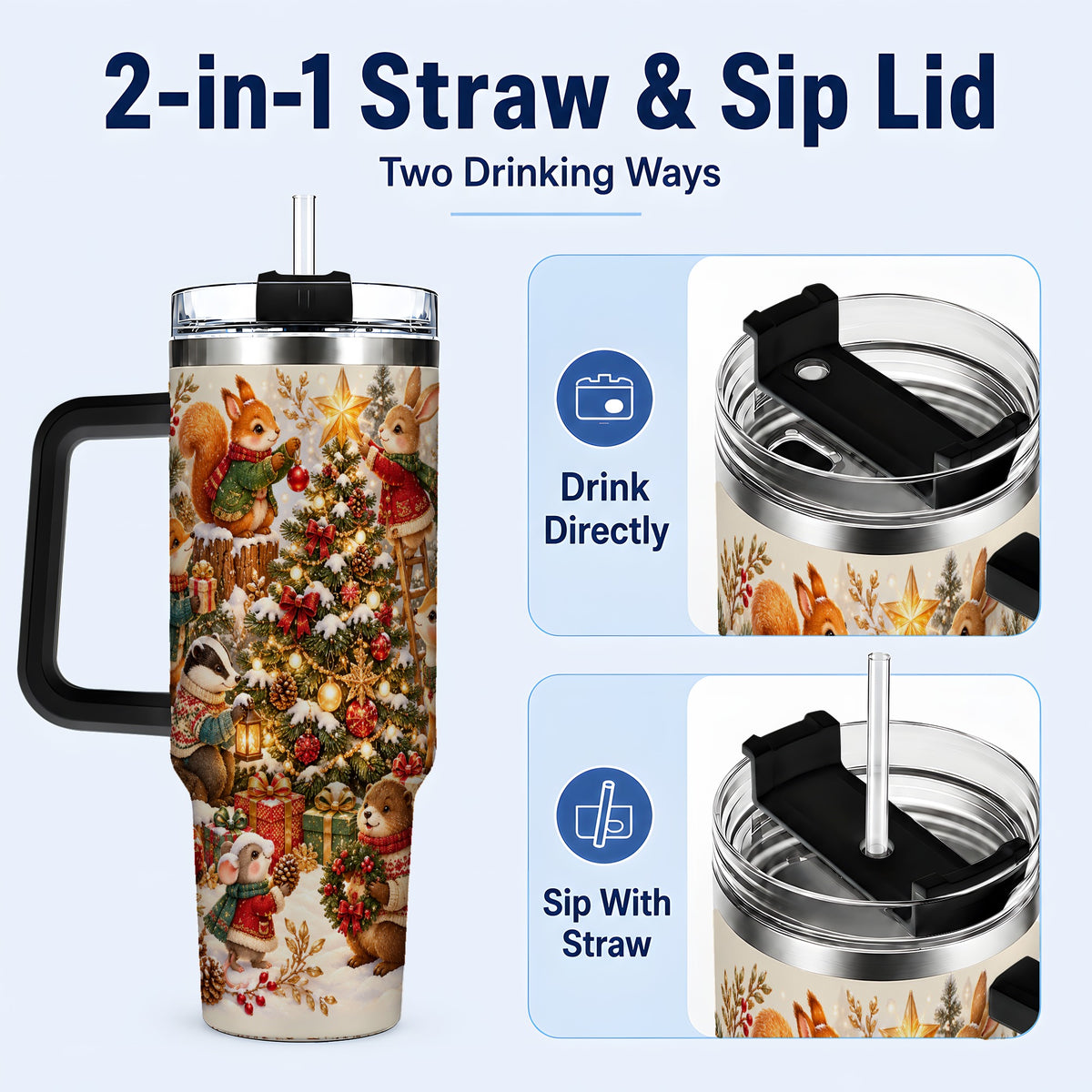 #pl[40oz|Black] Woodland Tree 40oz Tumbler with Handle, Christmas Animal Travel Cup
