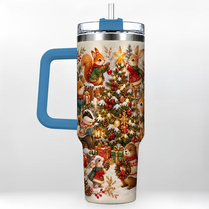 #pl[40oz|Blue] Woodland Tree 40oz Tumbler with Handle, Christmas Animal Travel Cup