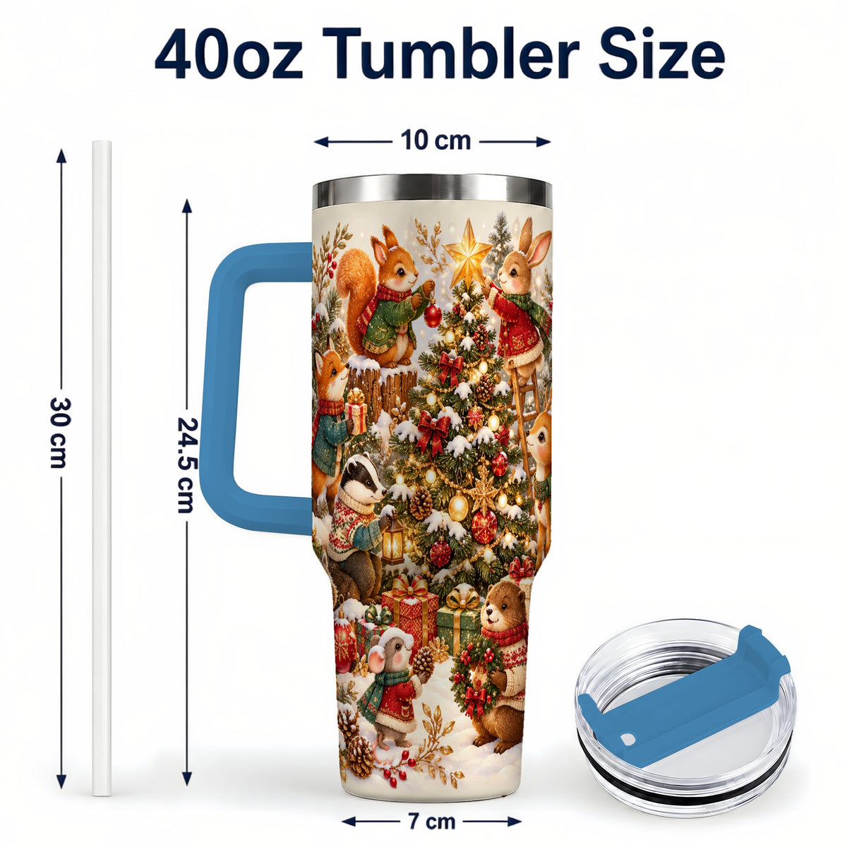 #pl[40oz|Blue] Woodland Tree 40oz Tumbler with Handle, Christmas Animal Travel Cup