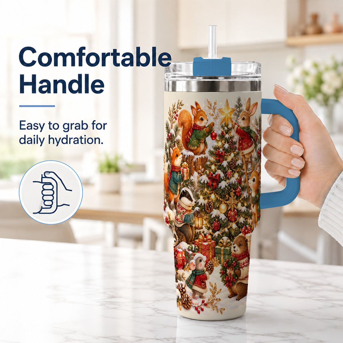 #pl[40oz|Blue] Woodland Tree 40oz Tumbler with Handle, Christmas Animal Travel Cup