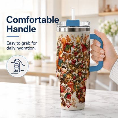 #pl[40oz|Blue] Woodland Tree 40oz Tumbler with Handle, Christmas Animal Travel Cup