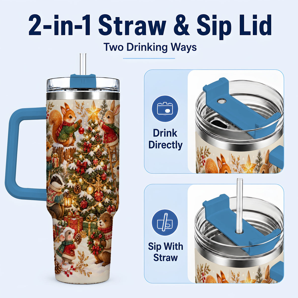 #pl[40oz|Blue] Woodland Tree 40oz Tumbler with Handle, Christmas Animal Travel Cup