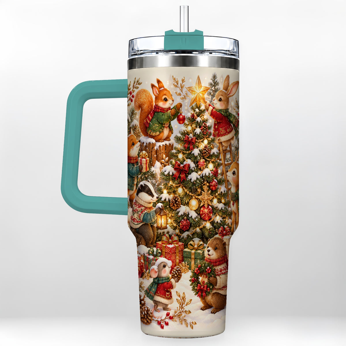 #pl[40oz|Green] Woodland Tree 40oz Tumbler with Handle, Christmas Animal Travel Cup