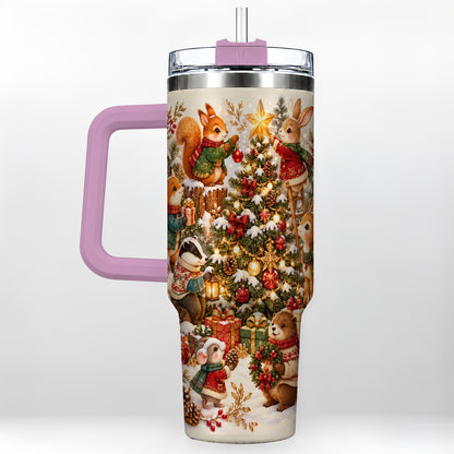 #pl[40oz|Pink] Woodland Tree 40oz Tumbler with Handle, Christmas Animal Travel Cup