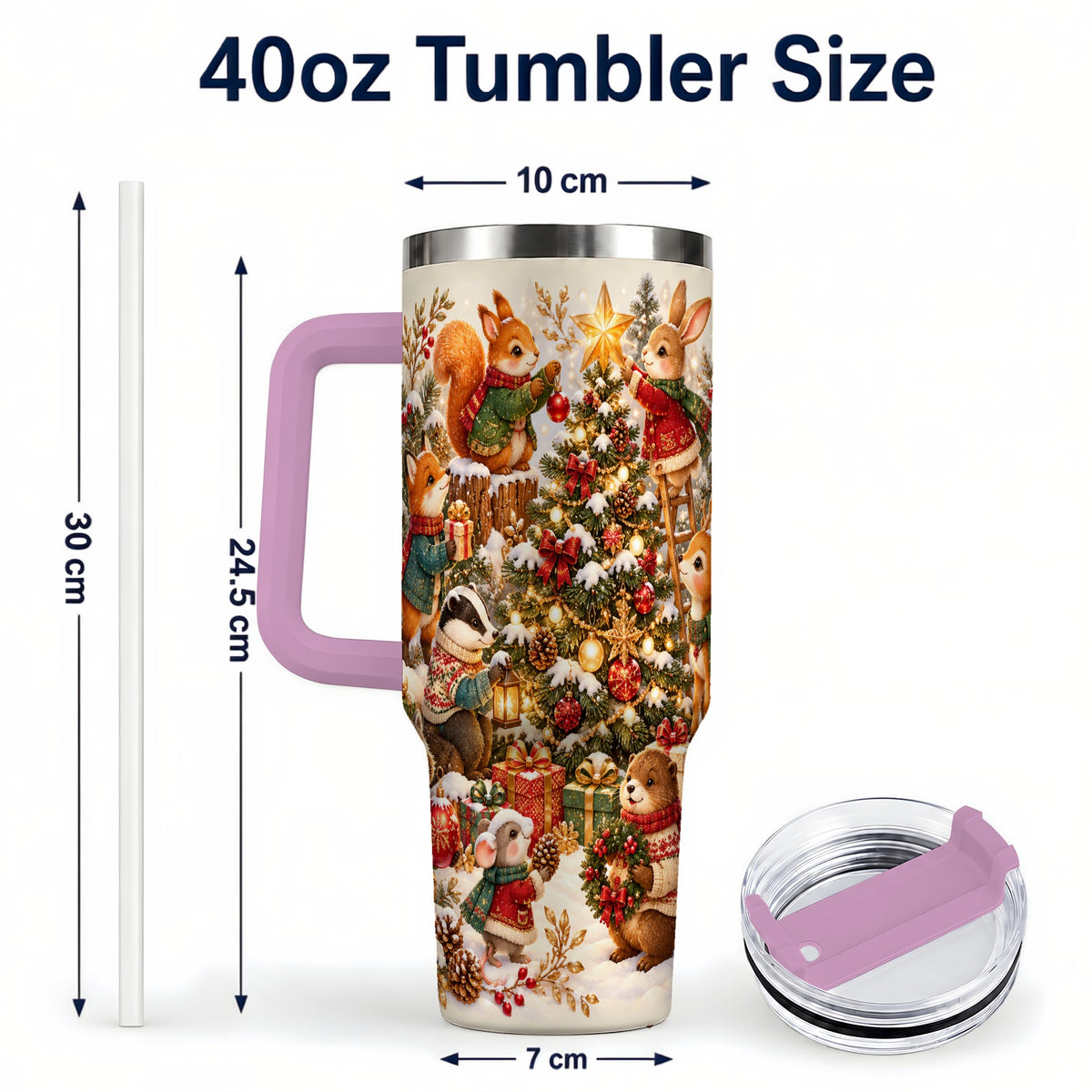 #pl[40oz|Pink] Woodland Tree 40oz Tumbler with Handle, Christmas Animal Travel Cup