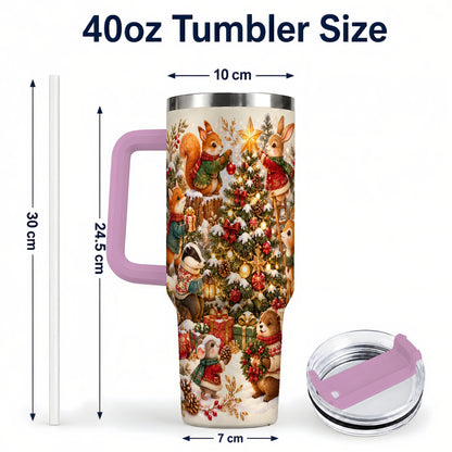 #pl[40oz|Pink] Woodland Tree 40oz Tumbler with Handle, Christmas Animal Travel Cup