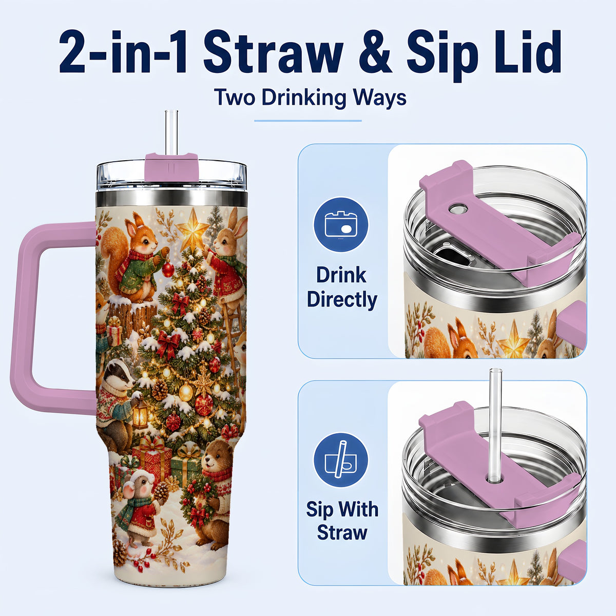 #pl[40oz|Pink] Woodland Tree 40oz Tumbler with Handle, Christmas Animal Travel Cup