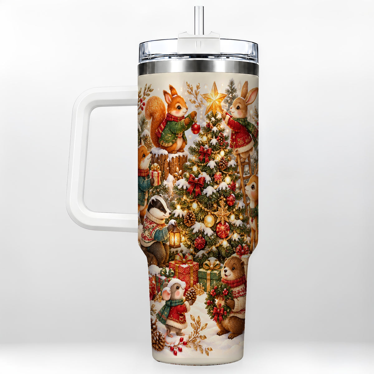 Woodland Tree 40oz Tumbler with Handle, Christmas Animal Travel Cup