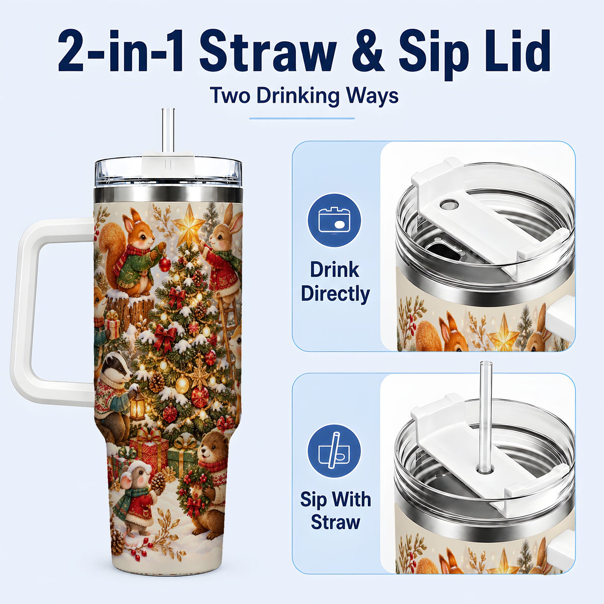#pl[40oz|White] Woodland Tree 40oz Tumbler with Handle, Christmas Animal Travel Cup
