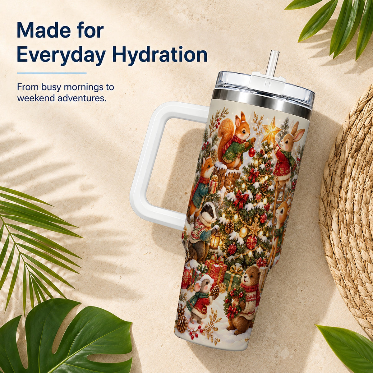 Woodland Tree 40oz Tumbler with Handle, Christmas Animal Travel Cup