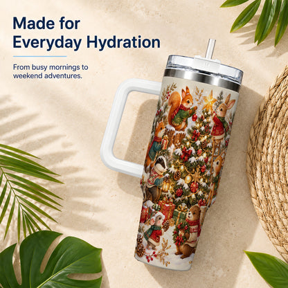 Woodland Tree 40oz Tumbler with Handle, Christmas Animal Travel Cup