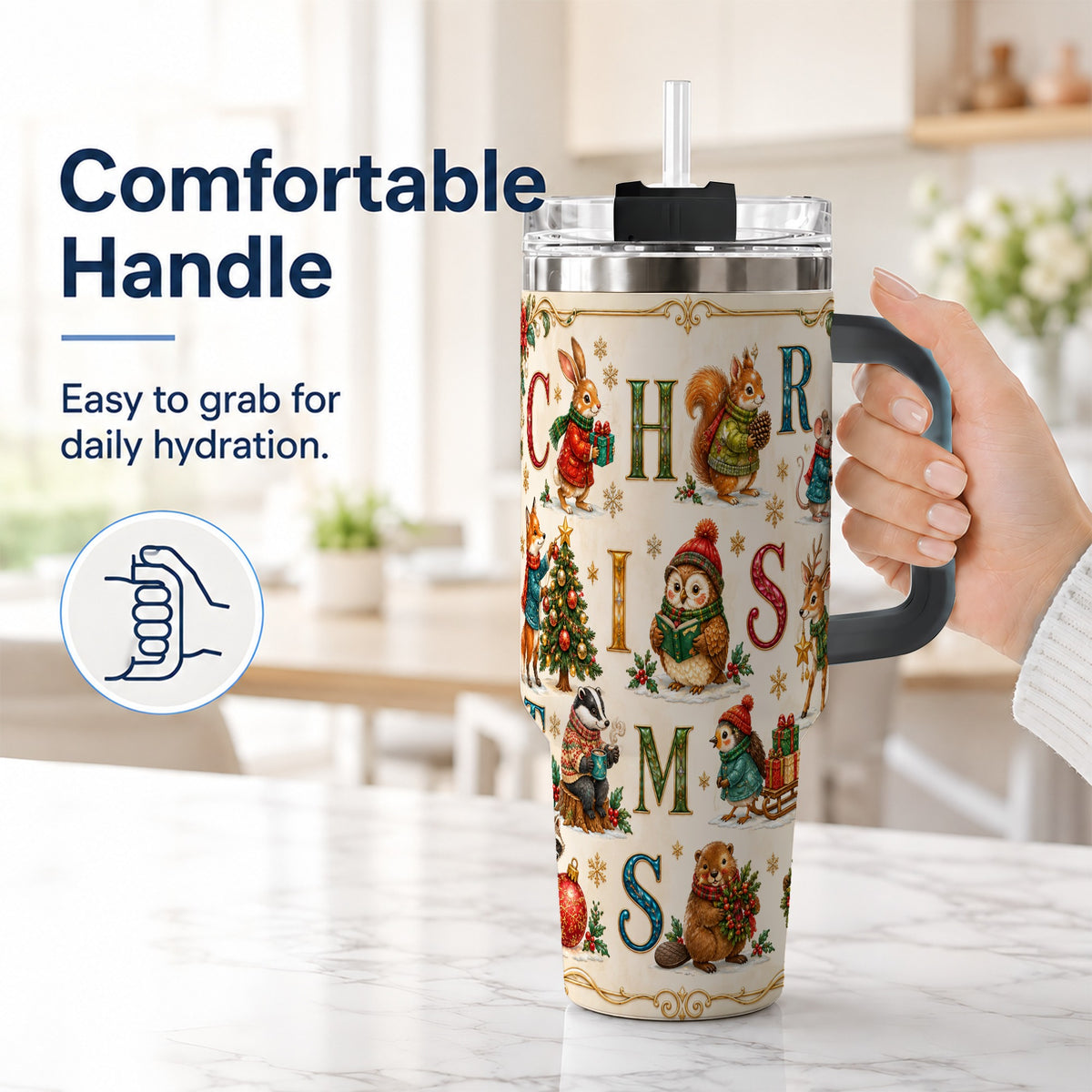 #pl[40oz|Black] Christmas Animals 40oz Tumbler with Handle, Woodland Letter Travel Cup