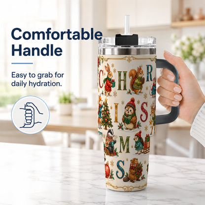#pl[40oz|Black] Christmas Animals 40oz Tumbler with Handle, Woodland Letter Travel Cup