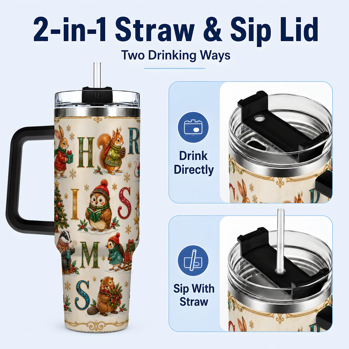#pl[40oz|Black] Christmas Animals 40oz Tumbler with Handle, Woodland Letter Travel Cup