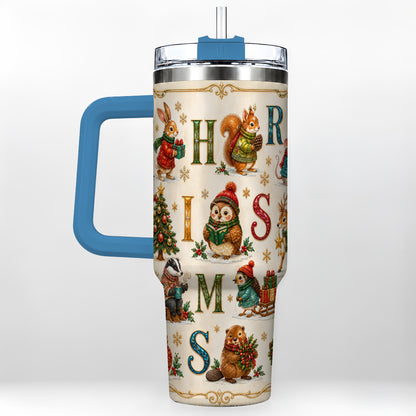 #pl[40oz|Blue] Christmas Animals 40oz Tumbler with Handle, Woodland Letter Travel Cup