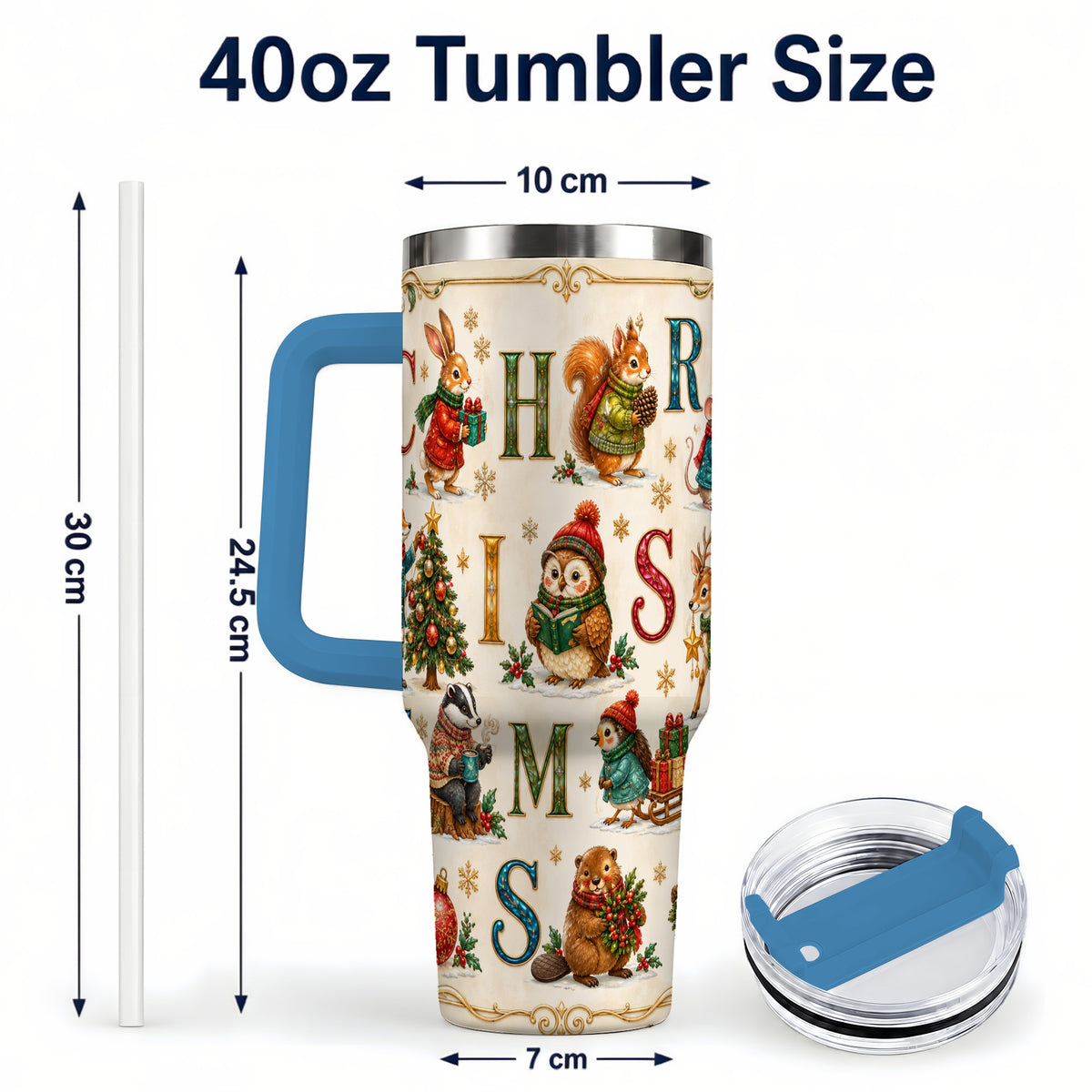 #pl[40oz|Blue] Christmas Animals 40oz Tumbler with Handle, Woodland Letter Travel Cup