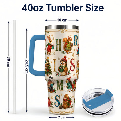 #pl[40oz|Blue] Christmas Animals 40oz Tumbler with Handle, Woodland Letter Travel Cup