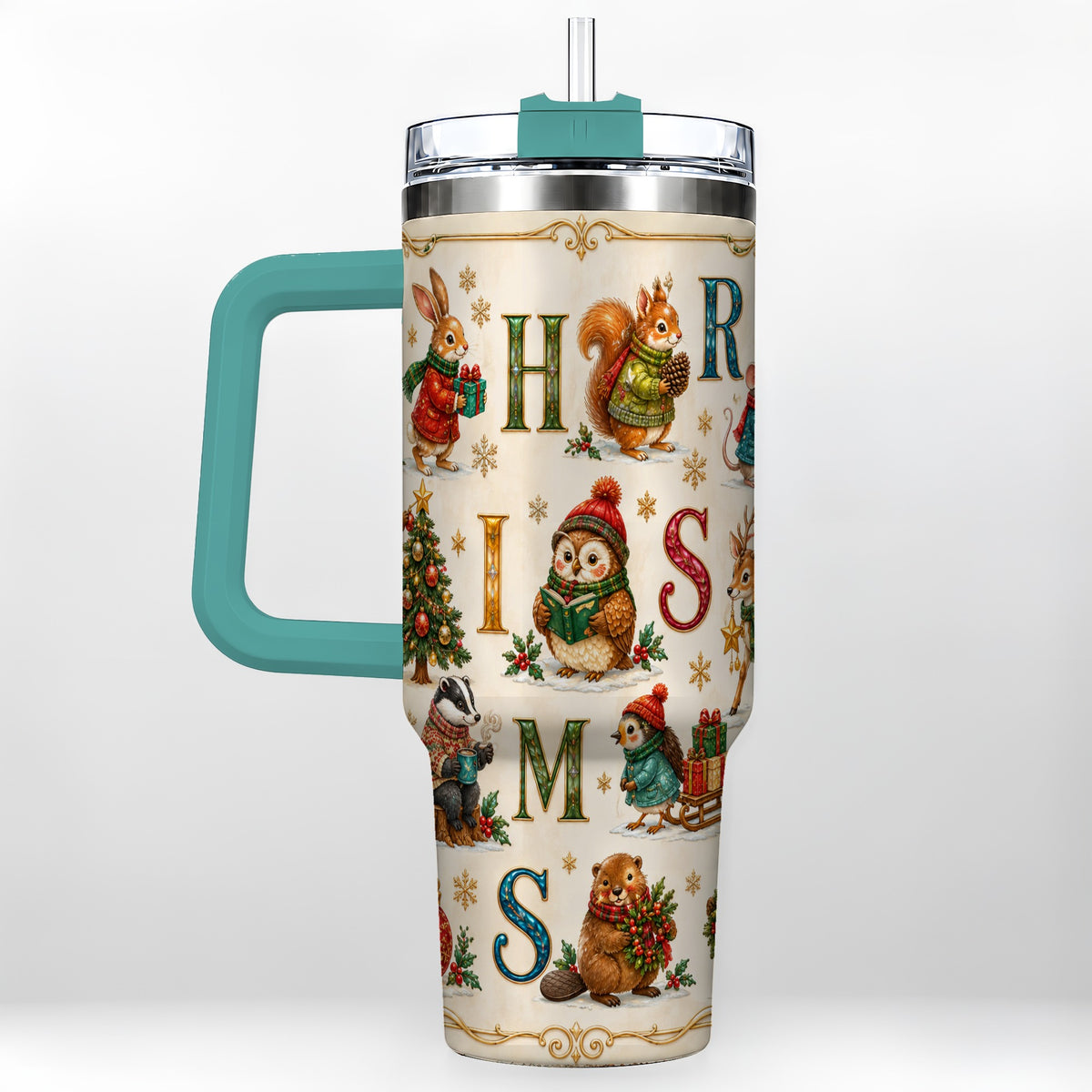 #pl[40oz|Green] Christmas Animals 40oz Tumbler with Handle, Woodland Letter Travel Cup