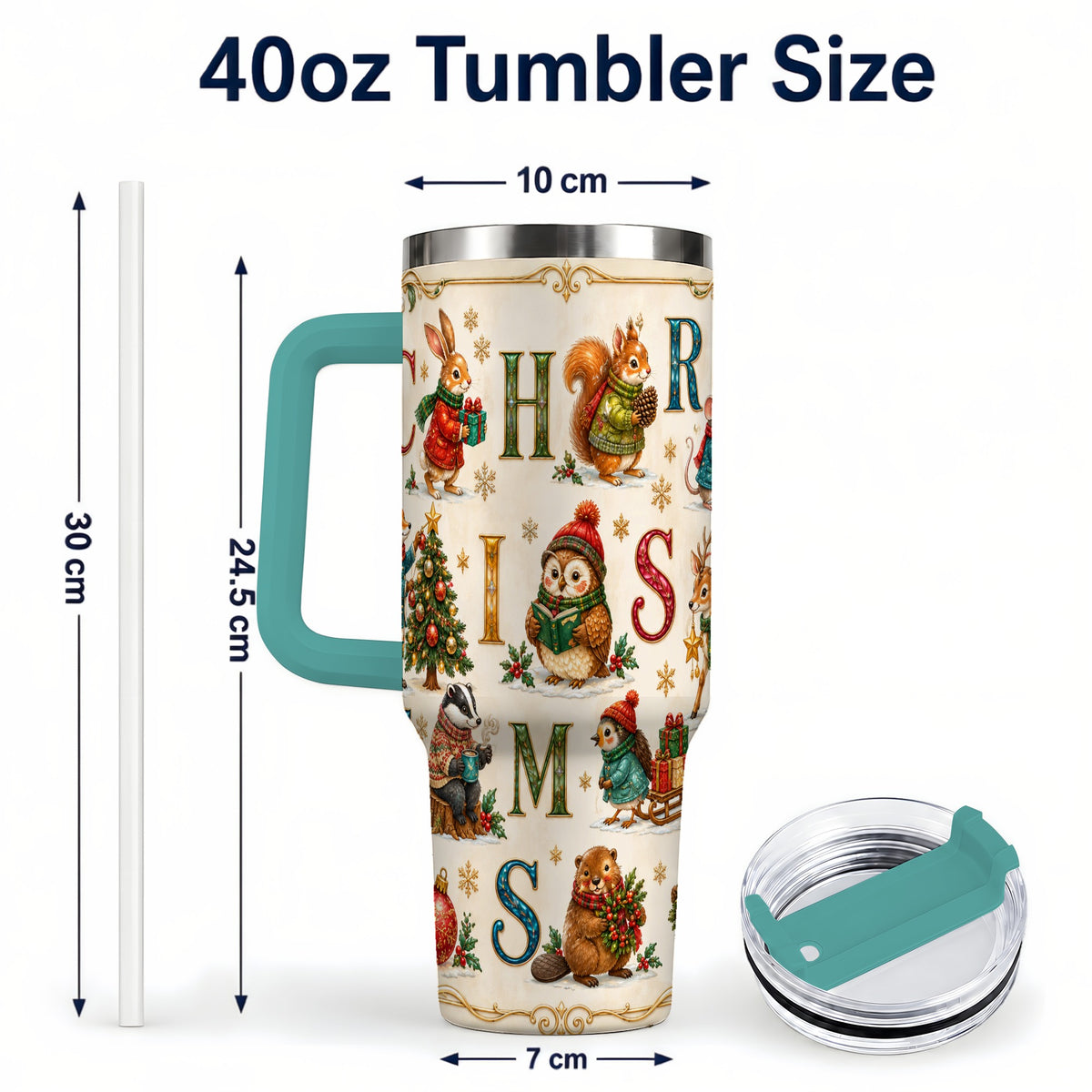 #pl[40oz|Green] Christmas Animals 40oz Tumbler with Handle, Woodland Letter Travel Cup