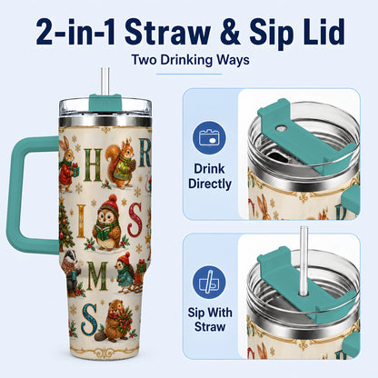 #pl[40oz|Green] Christmas Animals 40oz Tumbler with Handle, Woodland Letter Travel Cup