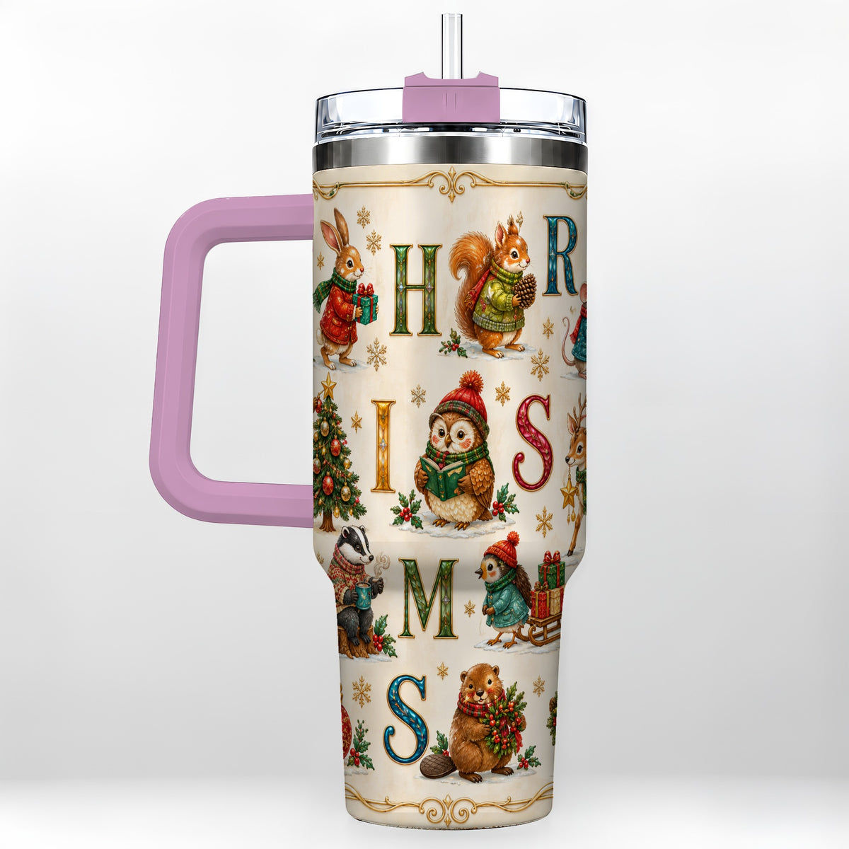 #pl[40oz|Pink] Christmas Animals 40oz Tumbler with Handle, Woodland Letter Travel Cup