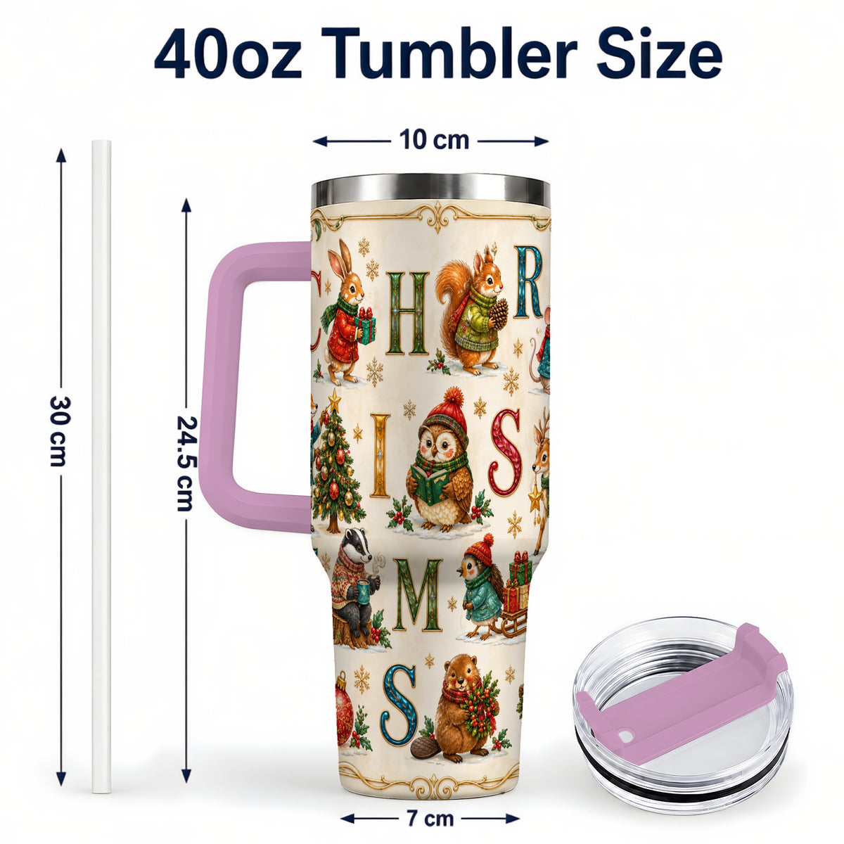 #pl[40oz|Pink] Christmas Animals 40oz Tumbler with Handle, Woodland Letter Travel Cup