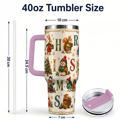 #pl[40oz|Pink] Christmas Animals 40oz Tumbler with Handle, Woodland Letter Travel Cup
