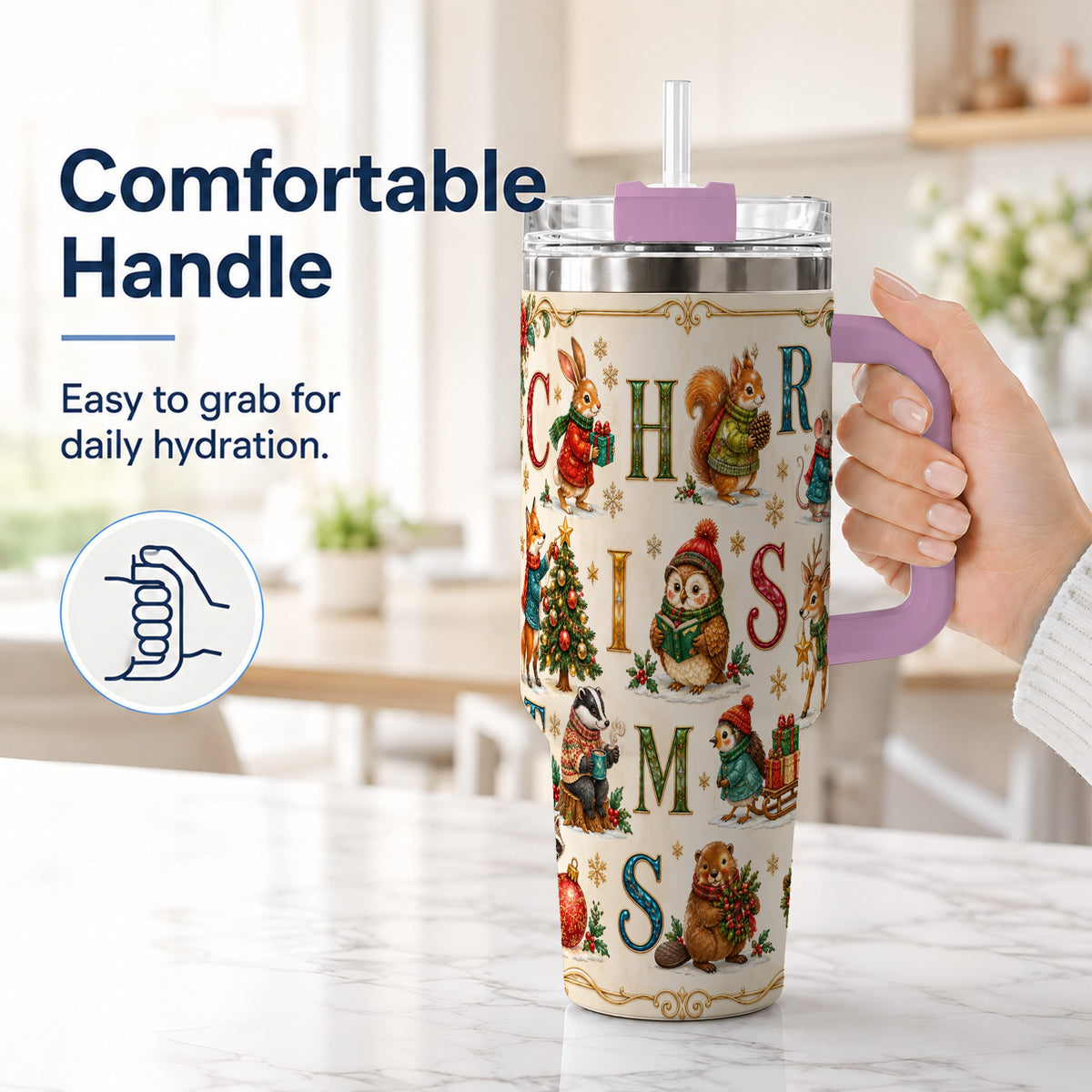 #pl[40oz|Pink] Christmas Animals 40oz Tumbler with Handle, Woodland Letter Travel Cup