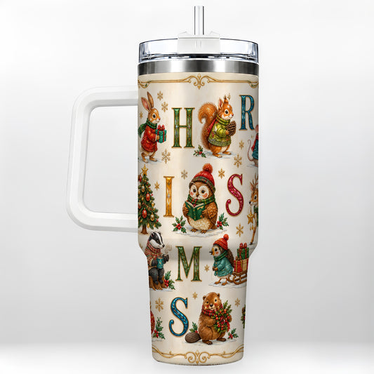 Christmas Animals 40oz Tumbler with Handle, Woodland Letter Travel Cup