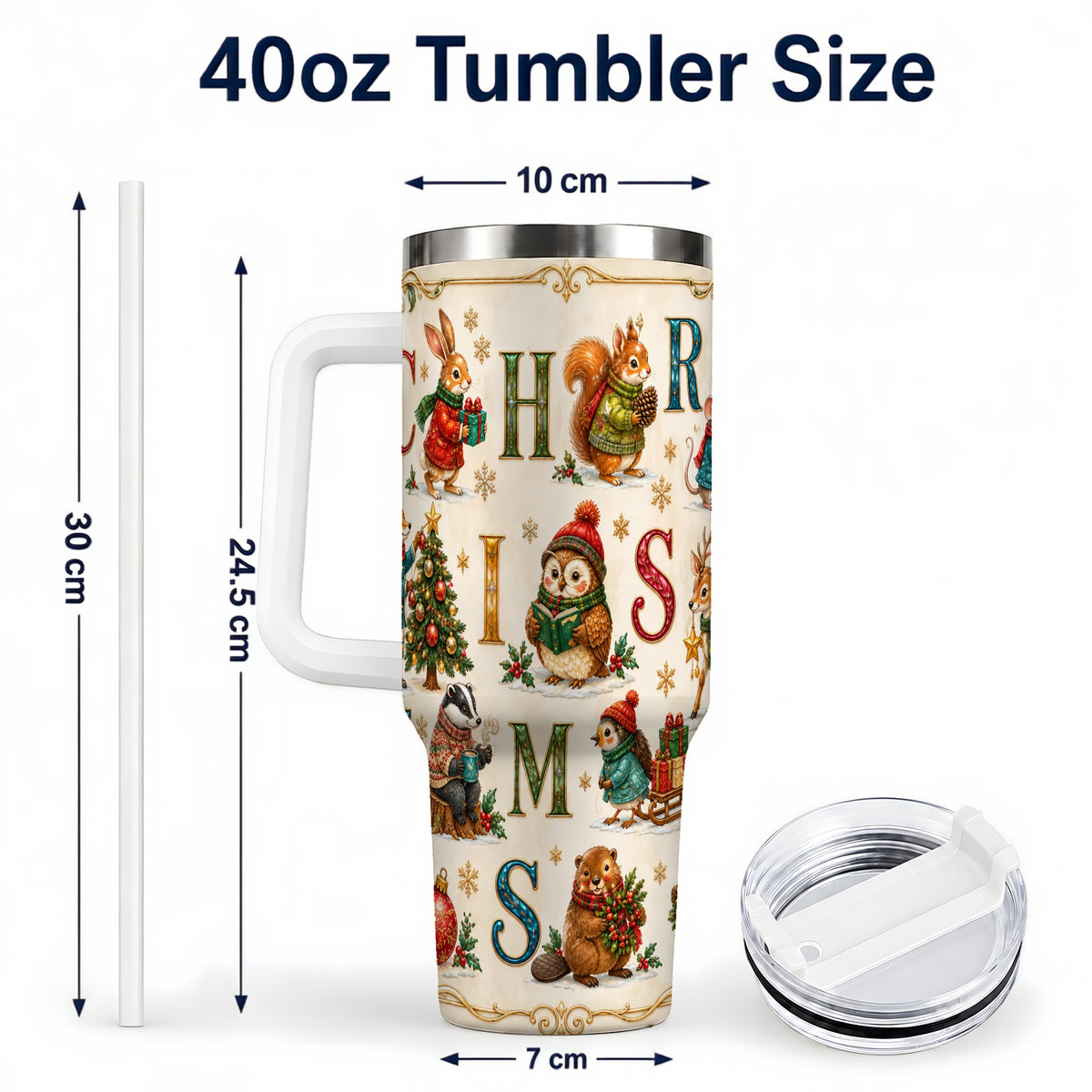 #pl[40oz|White] Christmas Animals 40oz Tumbler with Handle, Woodland Letter Travel Cup