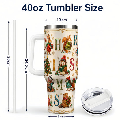 #pl[40oz|White] Christmas Animals 40oz Tumbler with Handle, Woodland Letter Travel Cup