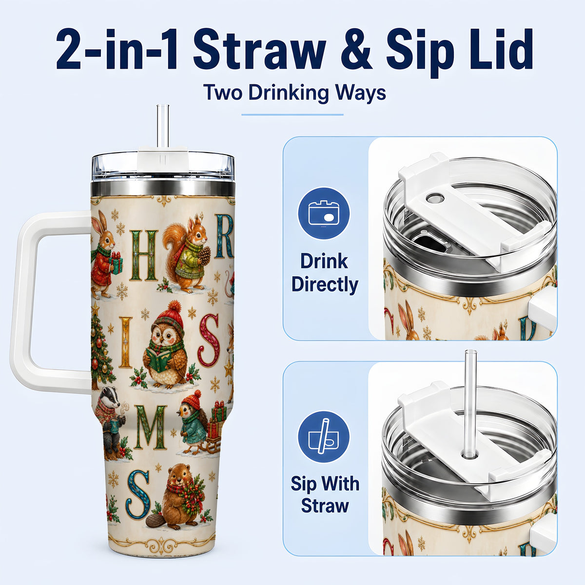 #pl[40oz|White] Christmas Animals 40oz Tumbler with Handle, Woodland Letter Travel Cup