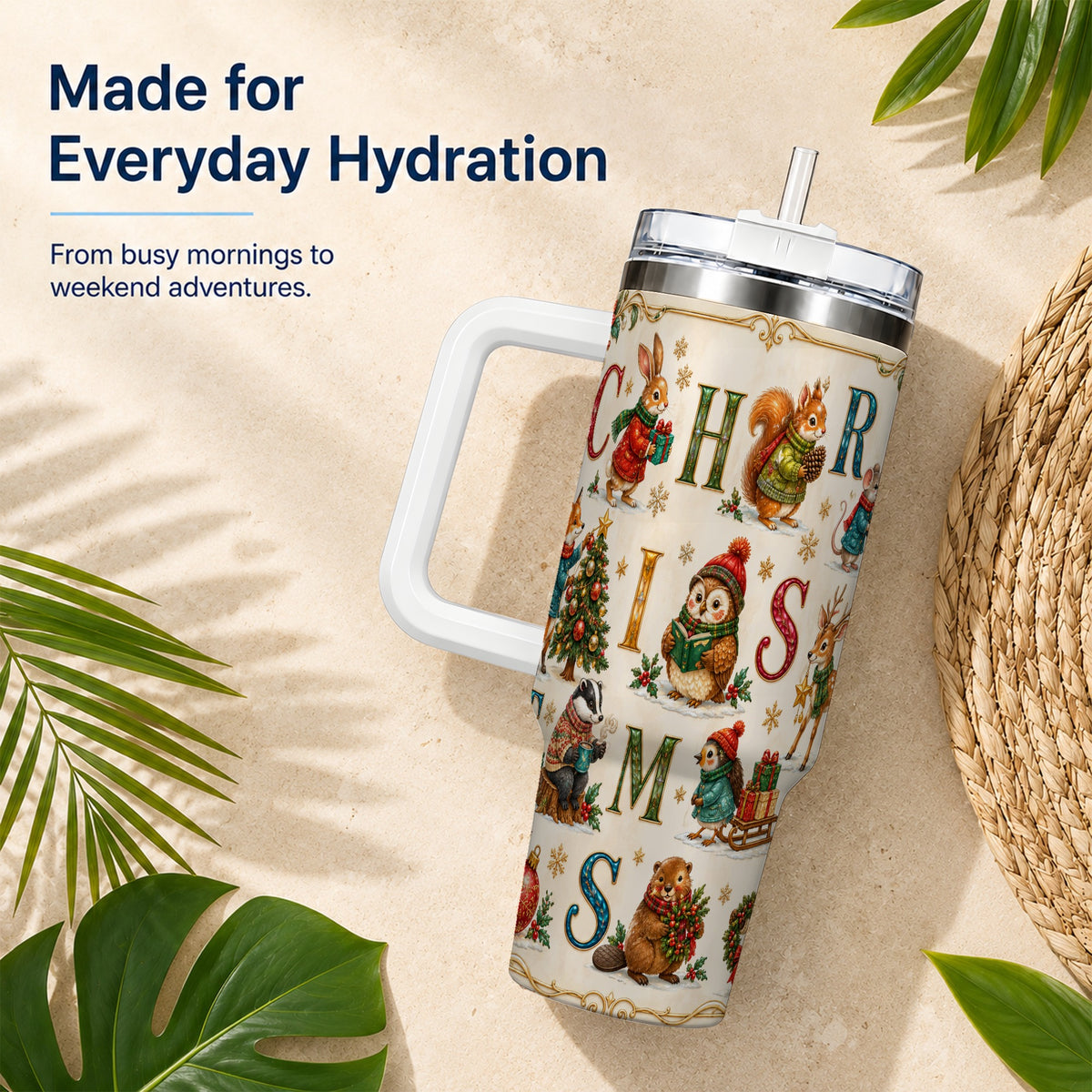 Christmas Animals 40oz Tumbler with Handle, Woodland Letter Travel Cup