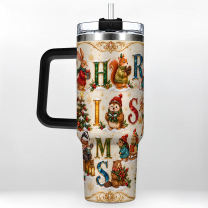 #pl[40oz|Black] Woodland Christmas 40oz Tumbler with Handle, Holiday Letter Travel Cup