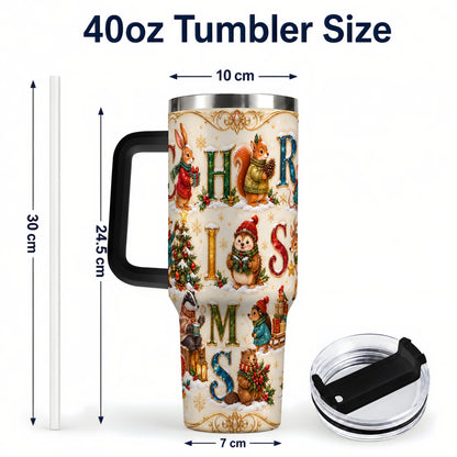 #pl[40oz|Black] Woodland Christmas 40oz Tumbler with Handle, Holiday Letter Travel Cup