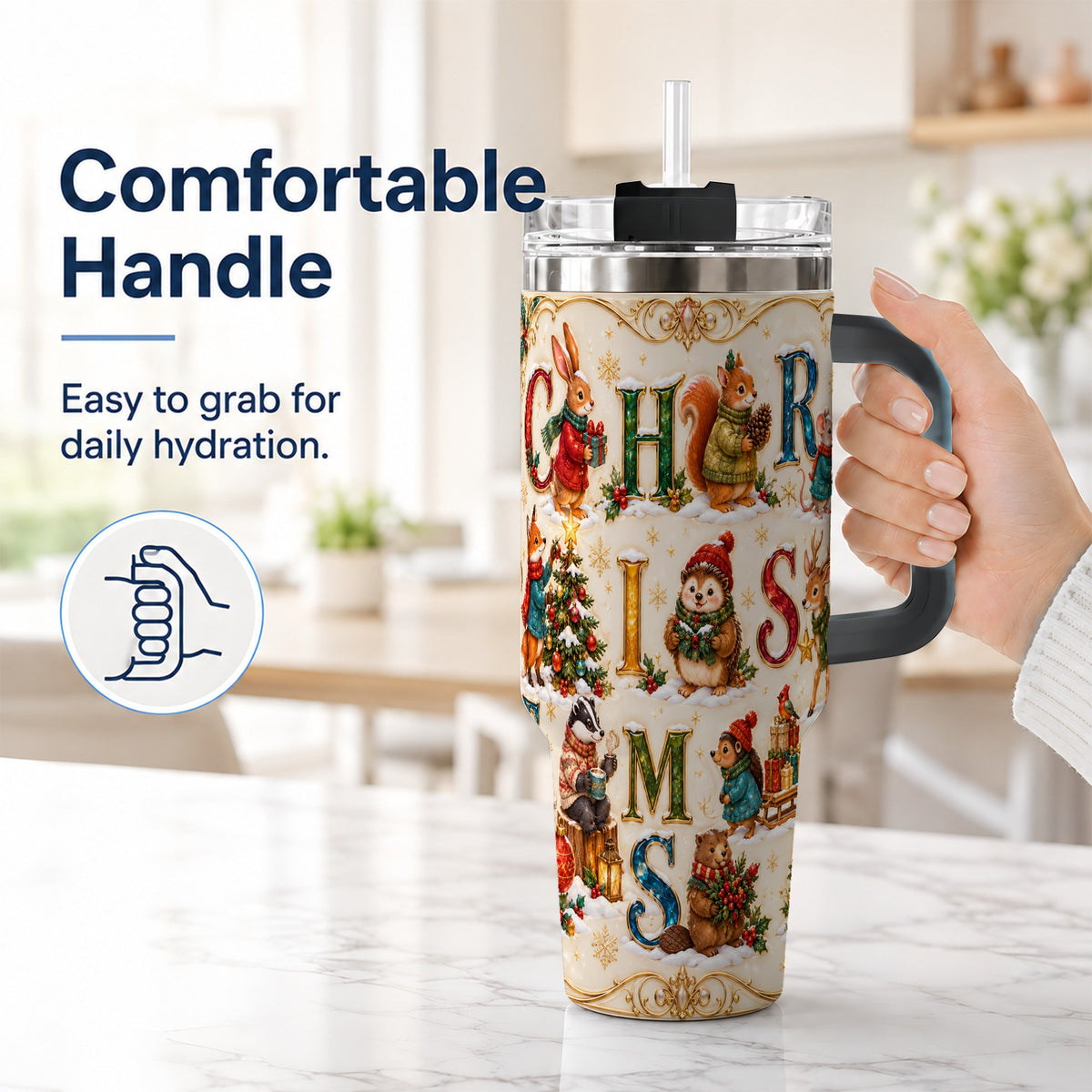 #pl[40oz|Black] Woodland Christmas 40oz Tumbler with Handle, Holiday Letter Travel Cup
